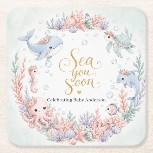 Sea You Soon Under the Sea Neutral Baby Shower Square Paper Coaster