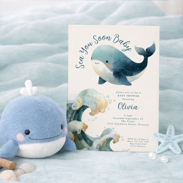 Sea You Soon Whale Ocean Ivory Baby Shower Invitation (Creator Uploaded)