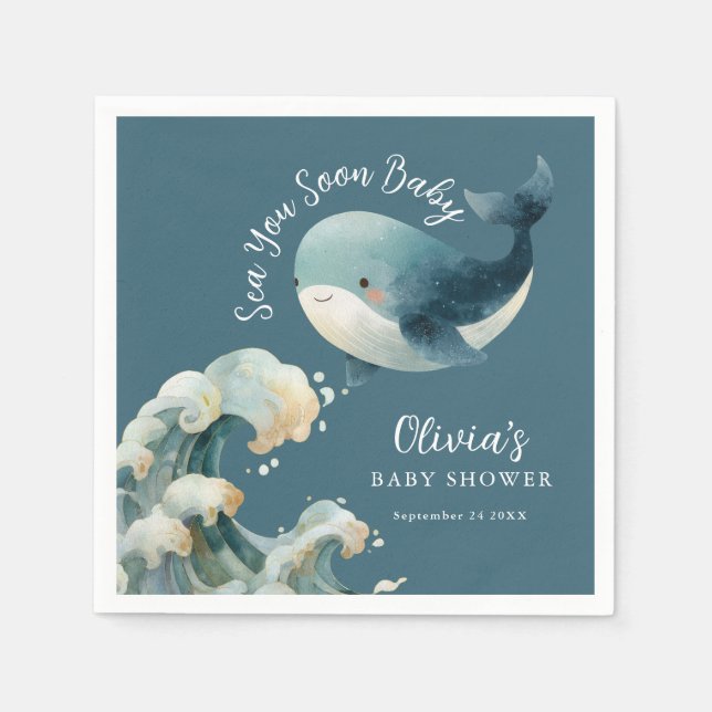 Sea You Soon Whale Ocean Turquoise Baby Shower Napkins (Front)