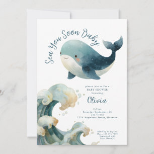 Sea You Soon Whale Ocean White Baby Shower Invitation