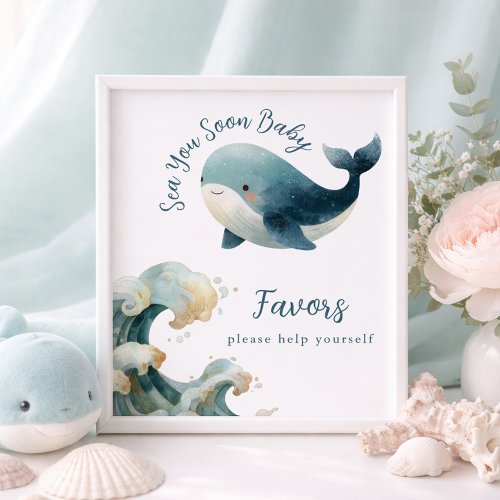 Sea You Soon Whale White Baby Shower Favors Sign