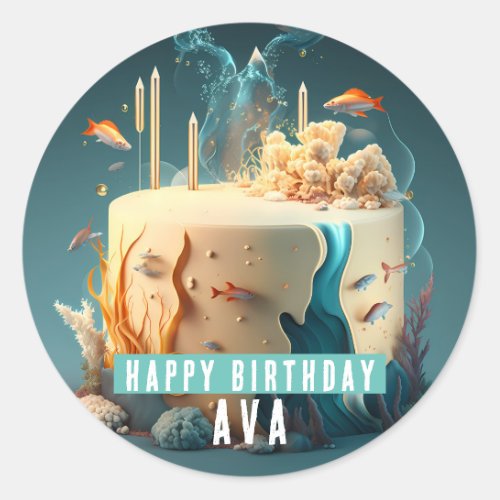Seabed Fish Seaweed Corals Candles Cake _ Birthday Classic Round Sticker
