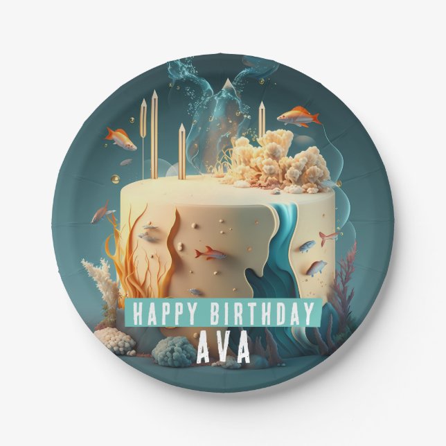 Seabed Fish Seaweed Corals Candles Cake - Birthday Paper Plates (Front)