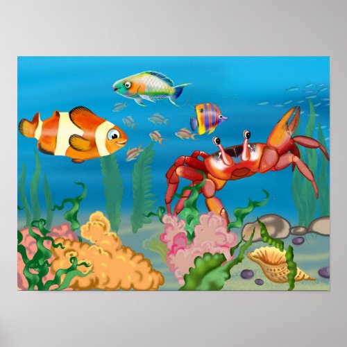 seabed with red crab algae and fish tropical sea poster