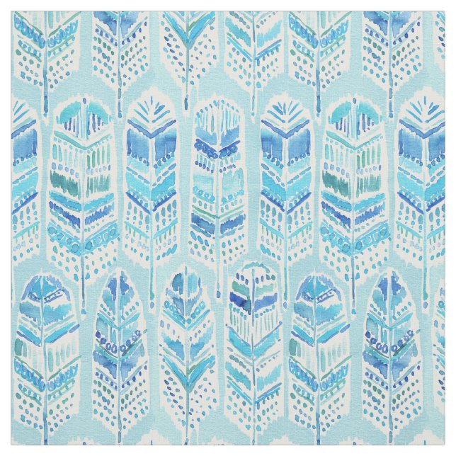 SEABIRD Aqua Beachy Watercolor Boho Feathers Fabric (Swatch)