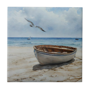 "Seabreeze Serenade". Colourful Serene Boat Scene Ceramic Tile