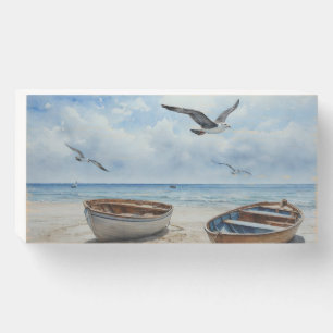 "Seabreeze Serenade". Colourful Serene Boat Scene Wooden Box Sign