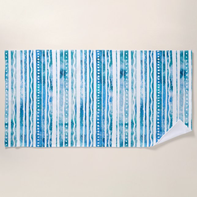 Seabreeze Watercolor Blue Stripe Beach Pattern Beach Towel (Front)