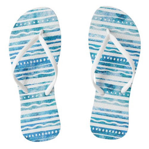 Seabreeze Watercolor Blue Stripe Beach Pattern Flip Flops