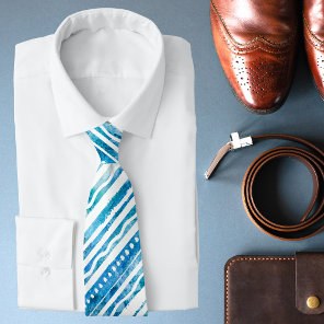 Seabreeze Watercolor Blue Stripe Beach Pattern Neck Tie