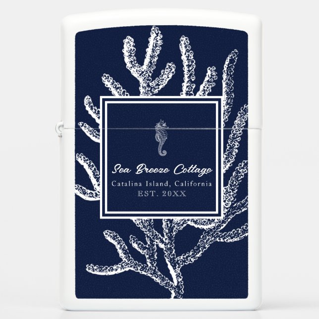 Seafaring Dreams: Blue & White Coral & Seahorse Zippo Lighter (Front)