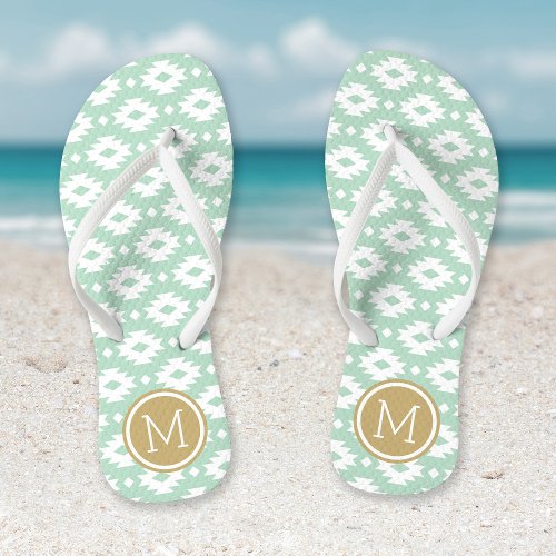 Seafoam and Gold Aztec Monogram Flip Flops