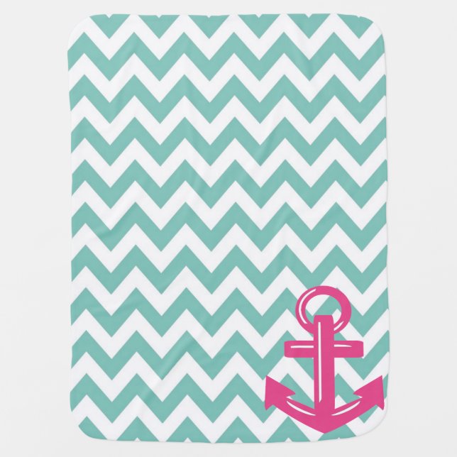Seafoam and White Chevron Anchor Throw Blanket (Front)