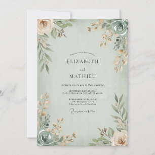 Seafoam Apricot Leafy Wedding Invitation