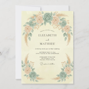Seafoam Apricot Pampas Eucalyptus Wedding Invitation
