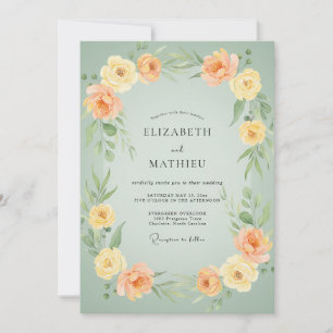 Seafoam Apricot Ranunculus Eucalyptus Wedding Invitation