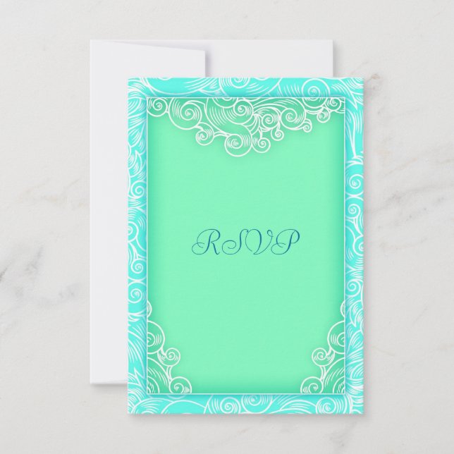 Seafoam Aqua and Green Wave Beach Wedding RSVP (Front)