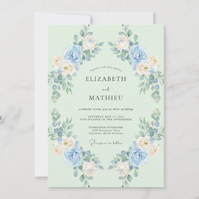 Seafoam Blossom Wreath Wedding Invitation (Front)
