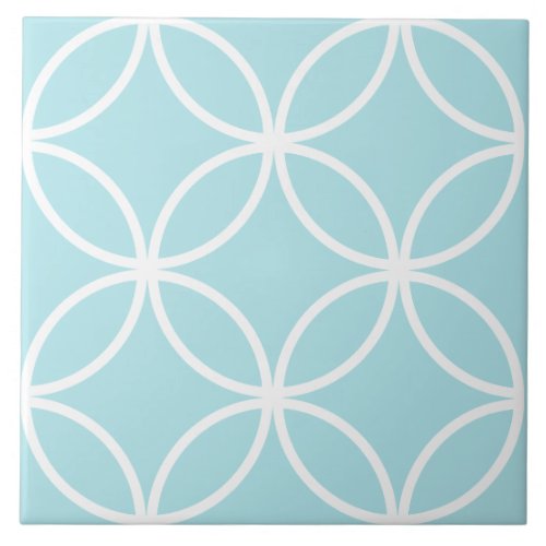 Seafoam blue and white repeat circle leaf pattern ceramic tile