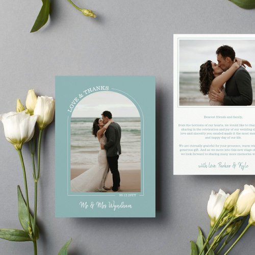 Seafoam Blue Arch Wedding Photo Love  Thanks Thank You Card