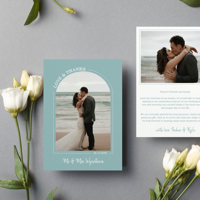 Seafoam Blue Arch Wedding Photo Love & Thanks Thank You Card (Creator Uploaded)