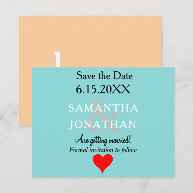 Seafoam Blue Beige Wedding Red Heart Save The Date (Front/Back)
