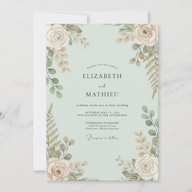 Seafoam Blush Leafy Wedding Invitation (Front)