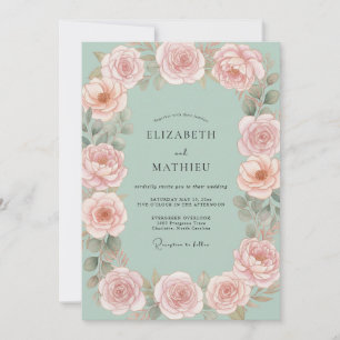 Seafoam Blush Pink Peony Wedding Invitation