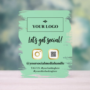 Seafoam Brushstrokes Gold Logo Let's Get Social Acrylic Sign