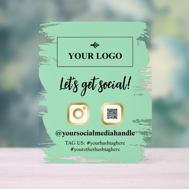 Seafoam Brushstrokes Gold Logo Let's Get Social Acrylic Sign (Neutral)