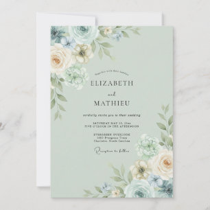 Seafoam Champagne Ranunculus Eucalyptus Wedding Invitation
