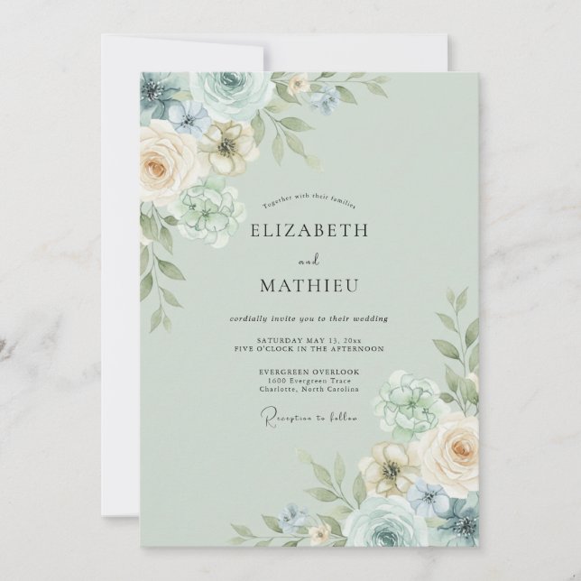 Seafoam Champagne Ranunculus Eucalyptus Wedding Invitation (Front)