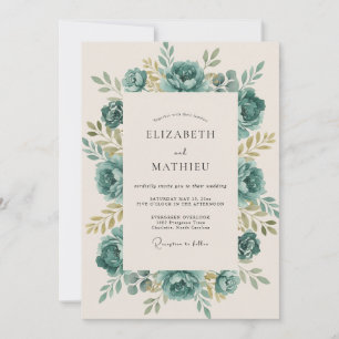 Seafoam Champagne Rose Wedding Invitation