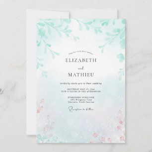 Seafoam Coral Leafy Wedding Invitation
