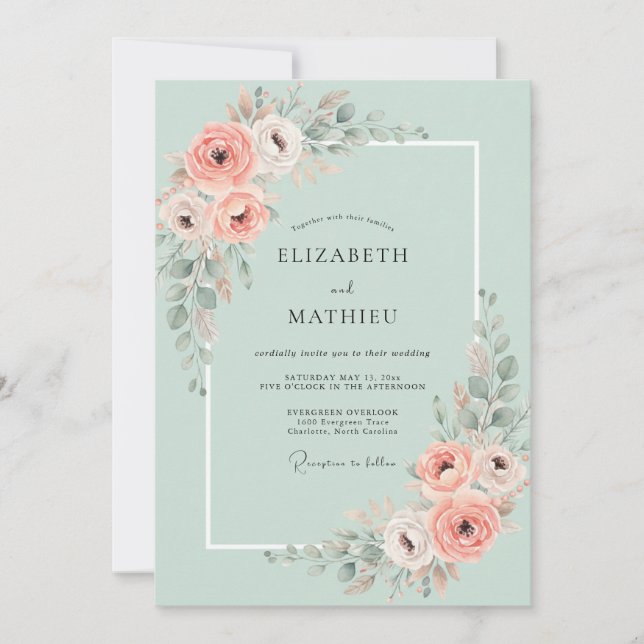 Seafoam Coral Peony Wedding Invitation (Front)