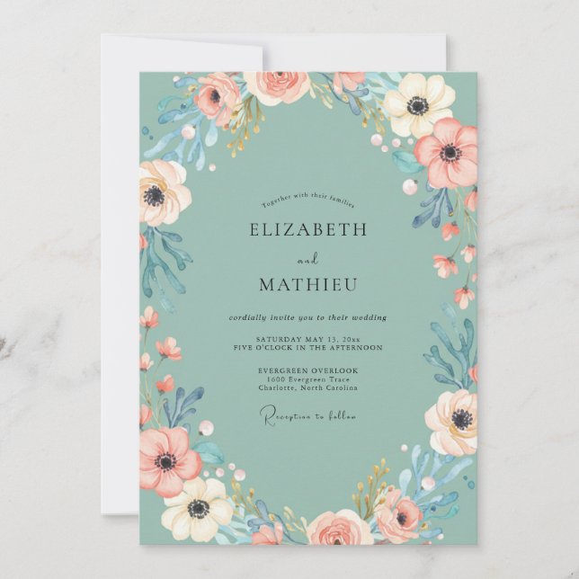 Seafoam Coral Poppy Wedding Invitation (Front)
