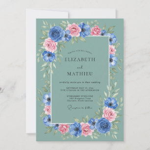 Seafoam Cornflower Ranunculus Eucalyptus Wedding Invitation