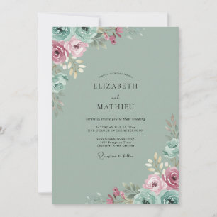 Seafoam Dusty Mauve Peony Wedding Invitation