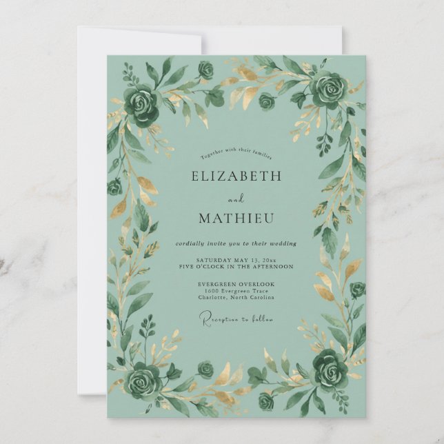 Seafoam Gilded Leaf Wedding Invitation (Front)