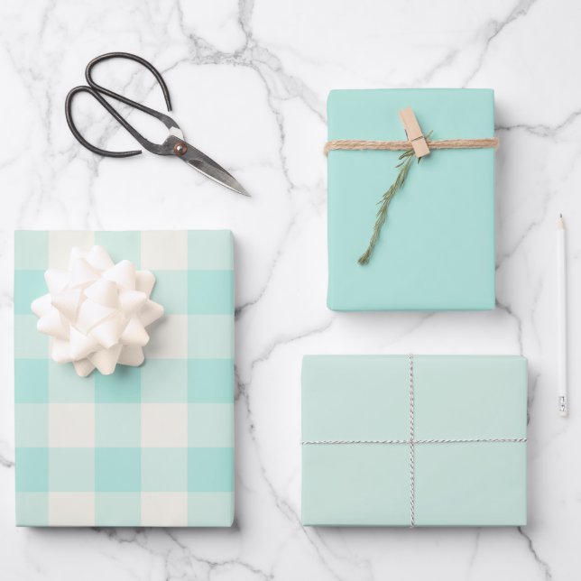Seafoam Gingham Wrapping Paper Sheets (Front)