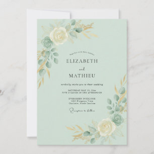 Seafoam Gold Foliage Eucalyptus Wedding Invitation