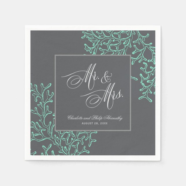 Seafoam Green and Gray Coastal Nautical Wedding Napkins (Front)