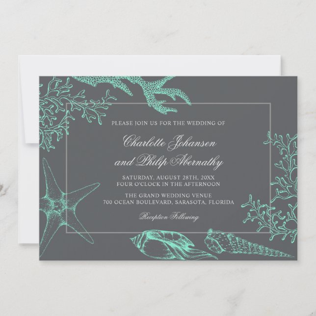Seafoam Green and Gray Coastal Wedding Invitation (Front)