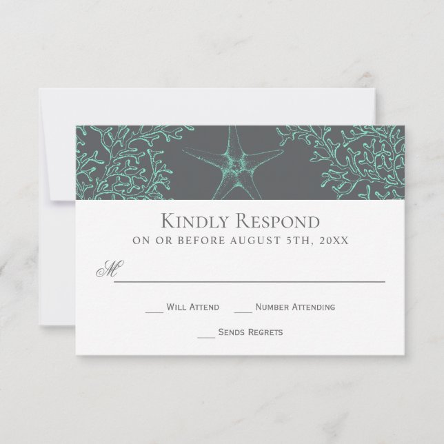 Seafoam Green and Gray Coastal Wedding RSVP Card (Front)