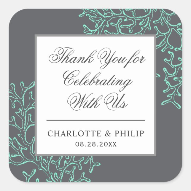 Seafoam Green and Gray Coastal Wedding Thank You Square Sticker (Front)