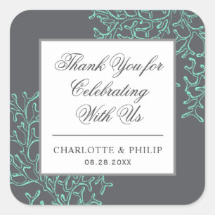 Seafoam Green and Gray Coastal Wedding Thank You Square Sticker
