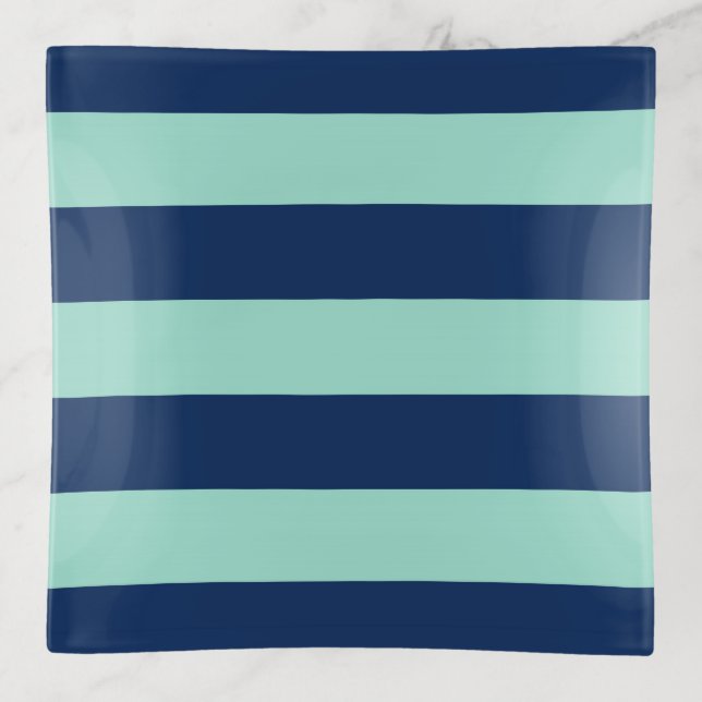 Seafoam Green and Navy Blue Stripes Trinket Tray (Front)