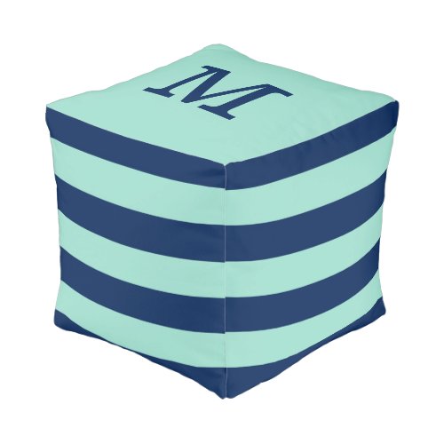 Seafoam Green and Navy Blue Stripes with Monogram Pouf