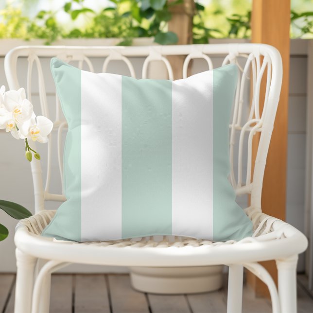 Seafoam Green and White Cabana Stripes Outdoor Pillow (Creator Uploaded)
