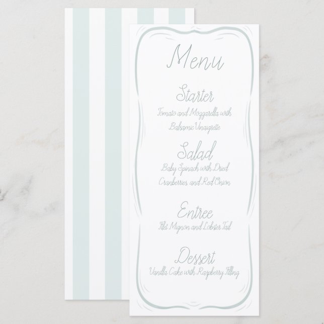 Seafoam Green Border Striped Wedding Menu (Front/Back)